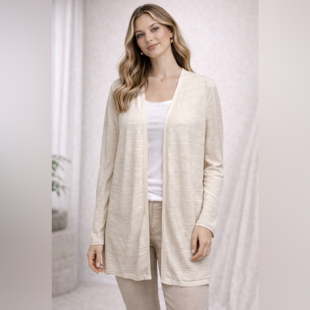 Cynthia Rowley Ivory Linen Open Cardigan XL Ribbed Coastal Preppy Beach Preppy